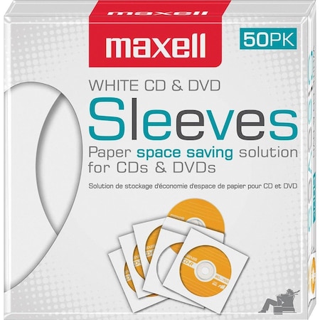Maxell CD/DVD Sleeves, Clear Window, 50/BX, White 6PK MAX190135